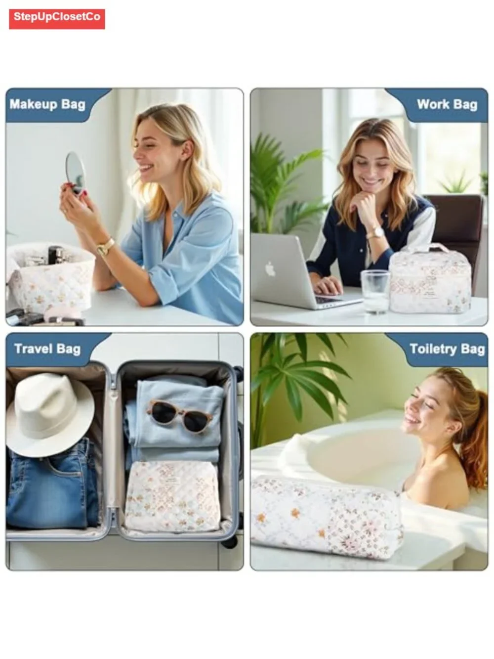 Quilted Cotton Makeup Bag Set - Floral Cosmetic Organizer for Travel